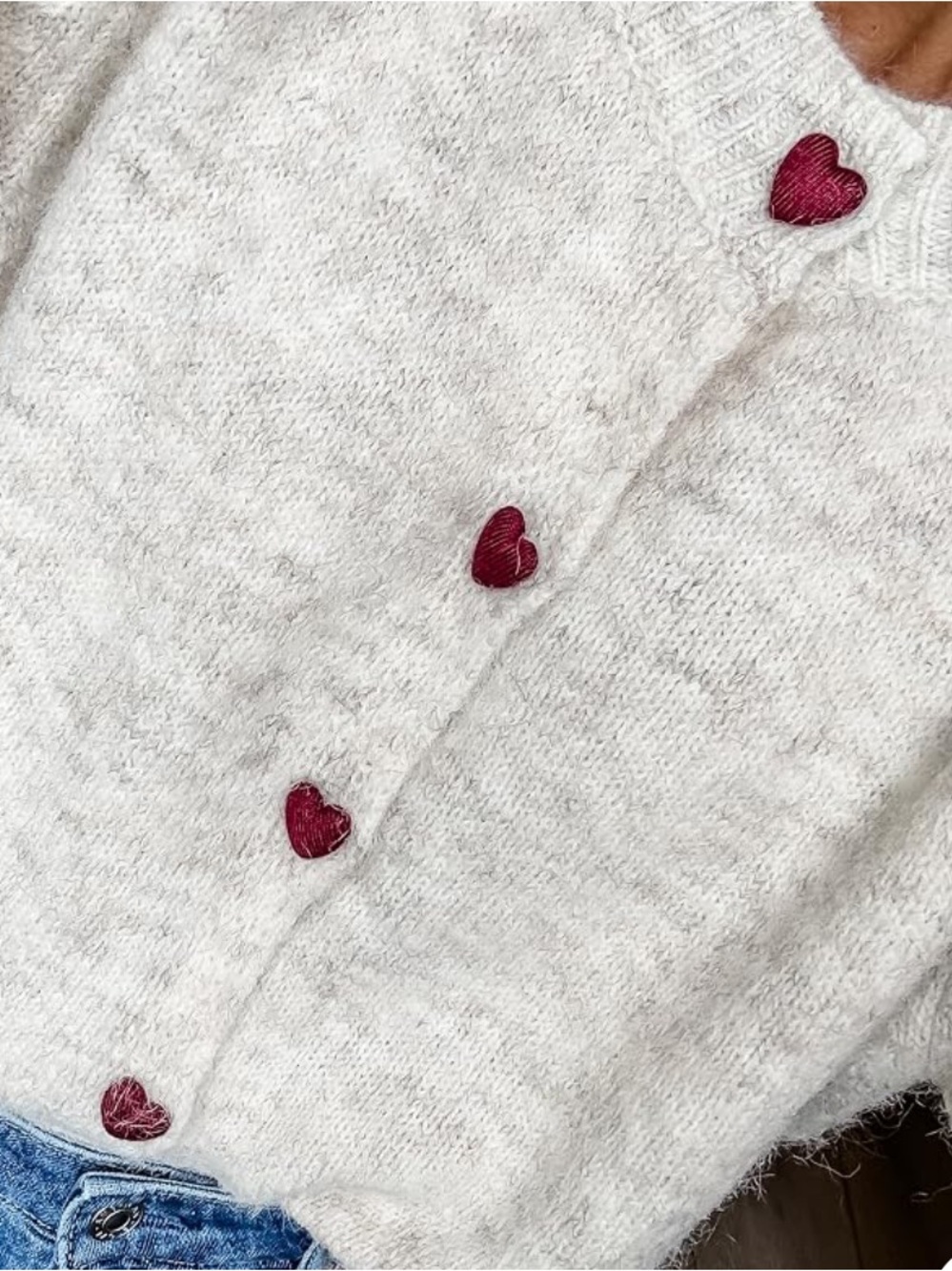 Ivory Fuzzy Cardigan with Red Heart Buttons🚌